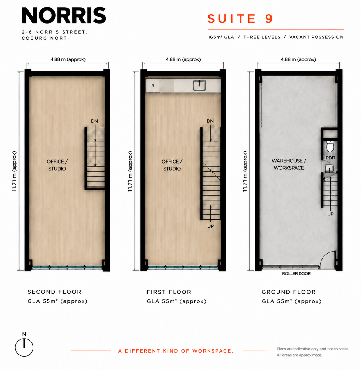 NORRIS Suite 9 floor plan, left to right: second-floor office and studio, first-floor office and studio with kitchenette, and ground-floor warehouse and workspace. Each level is approximately 55 square metres GLA, totalling 165 square metres over three levels.